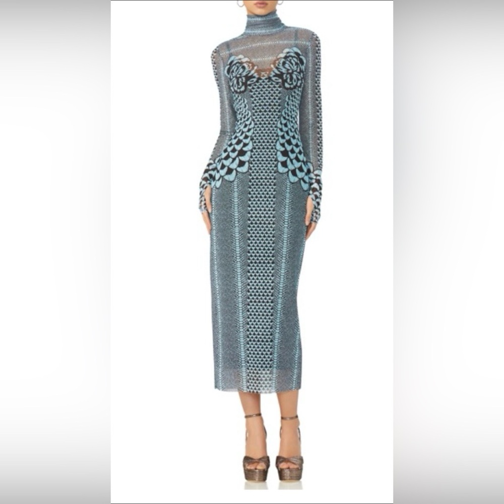 Blue Patterned Long-Sleeve Knit Midi Dress